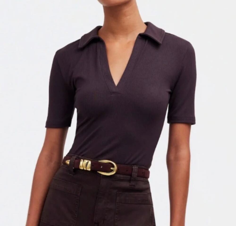 Madewell Drapey Rib Short Sleeve Polo Shirt Top Chocolate Brown XS